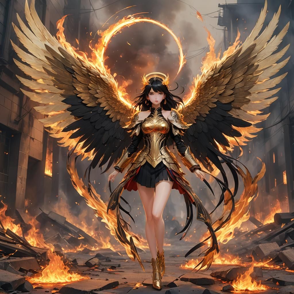 Flaming Angel in Anime Style with Wildfire Background