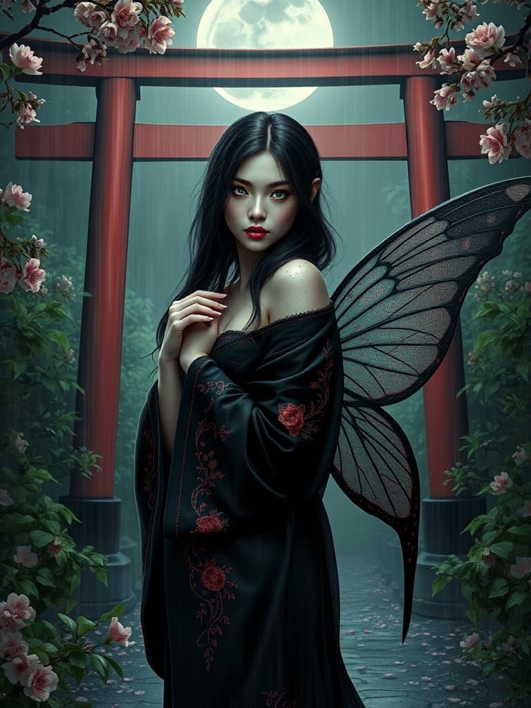 Sensual Fairy Poses Under Moonlit Torii Gate in Gothic Mysti...