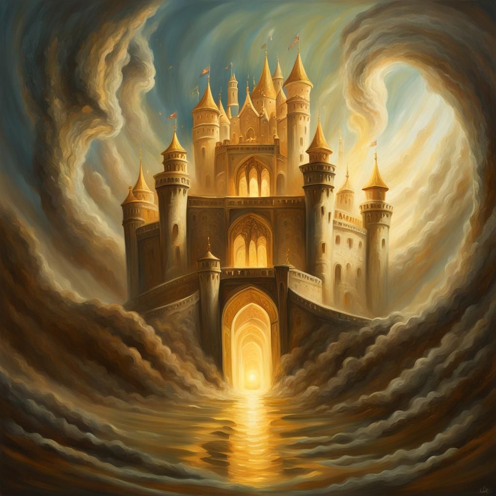 Dust-Filled Moat of Fantasy Castle, Baroque Oil Painting