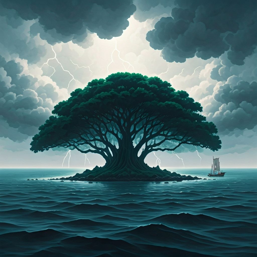 Seascape Thunder Ink Wash Painting with Cloud Trees