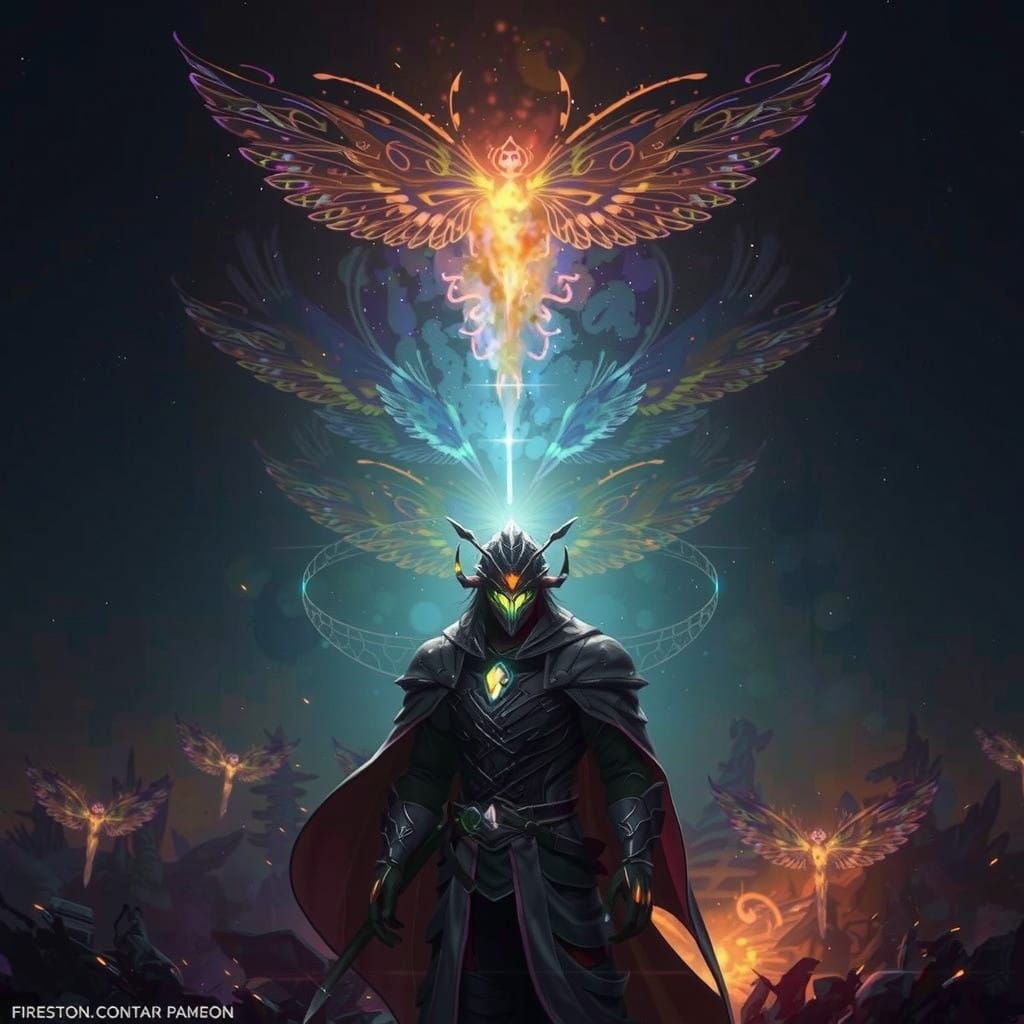 Whimsical Firefly Humanoid Amidst Vibrant Inferno