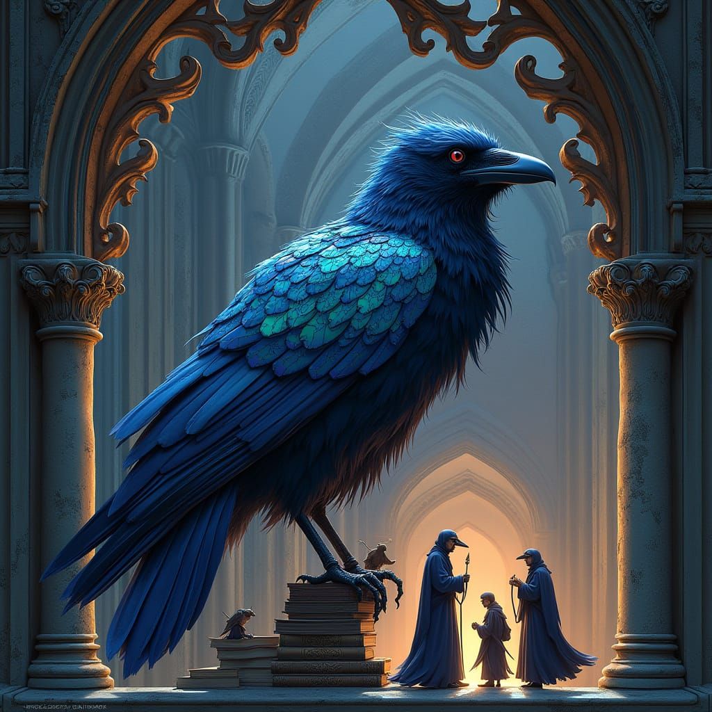 Spectral Raven Adorned with Library, in Art Nouveau Style