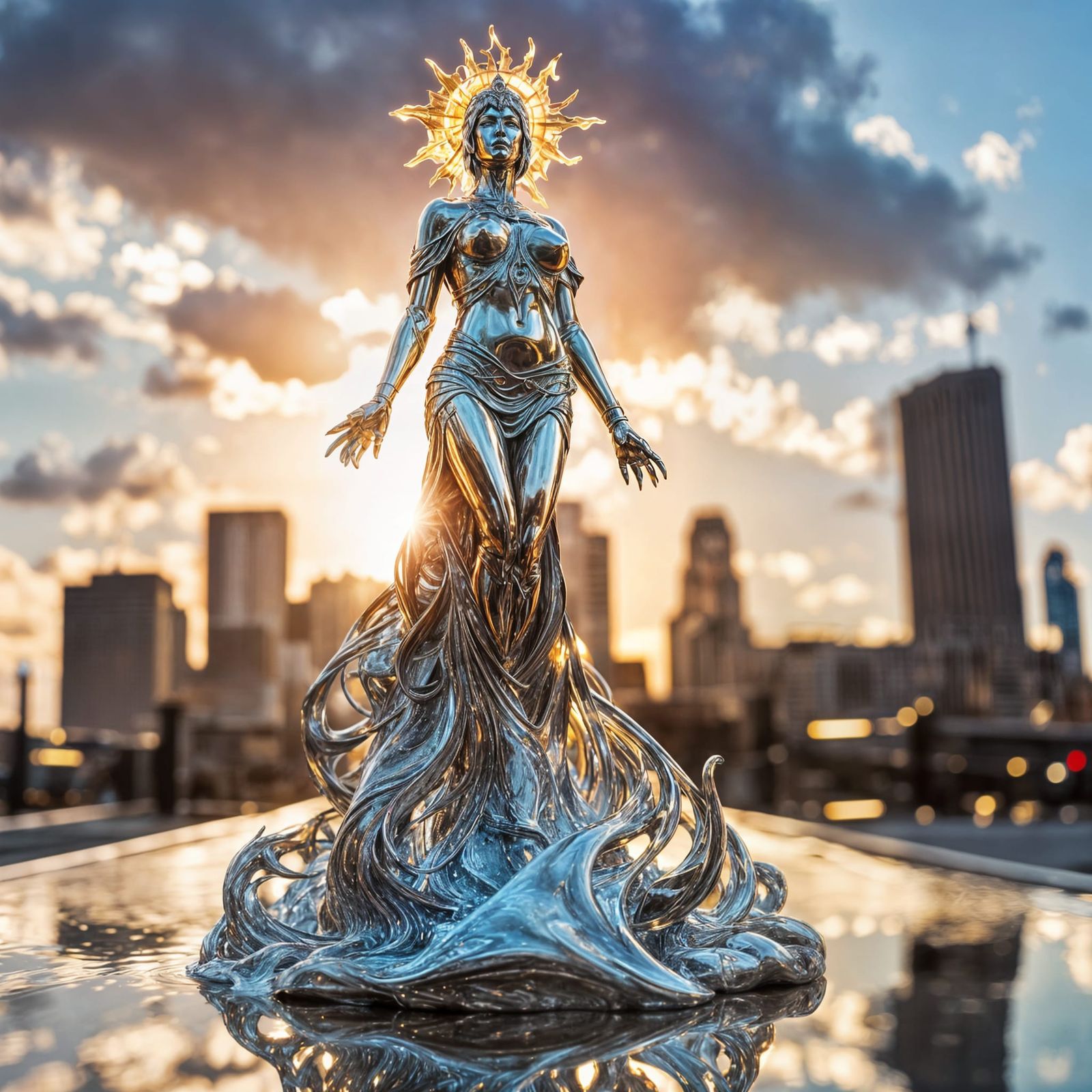 Glowing Liquid Metal Goddess Statue in Modern City