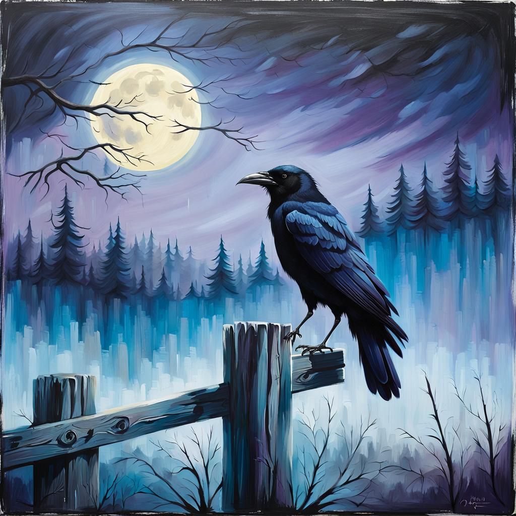Crow in Misty Moonlight: An Oil Painting