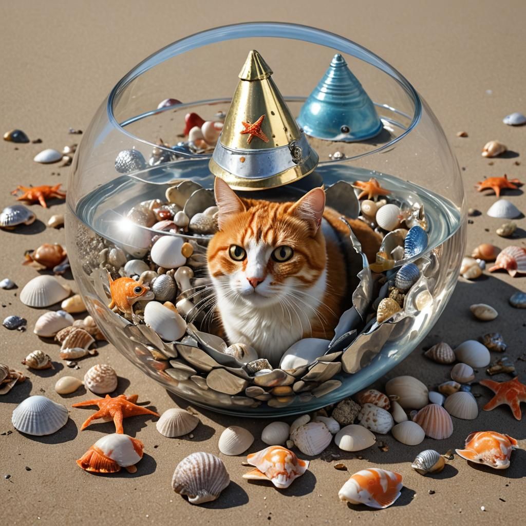 Surreal Beach Scene with Goldfish and Cat-Crab