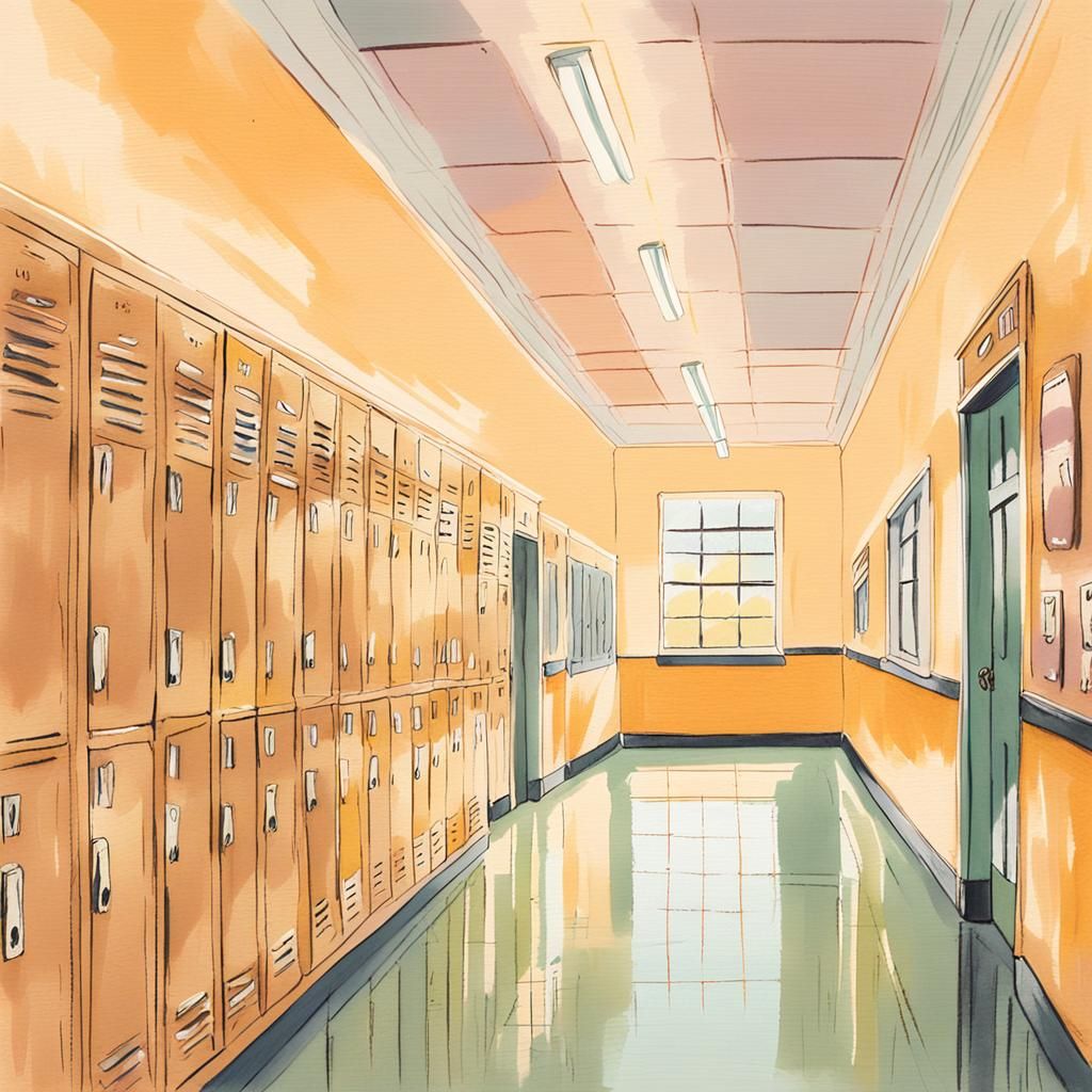 Nostalgic High School Hallway in Gouache Style