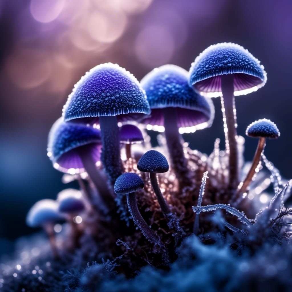 Frozen Purple Mushrooms Close-Up Photograph