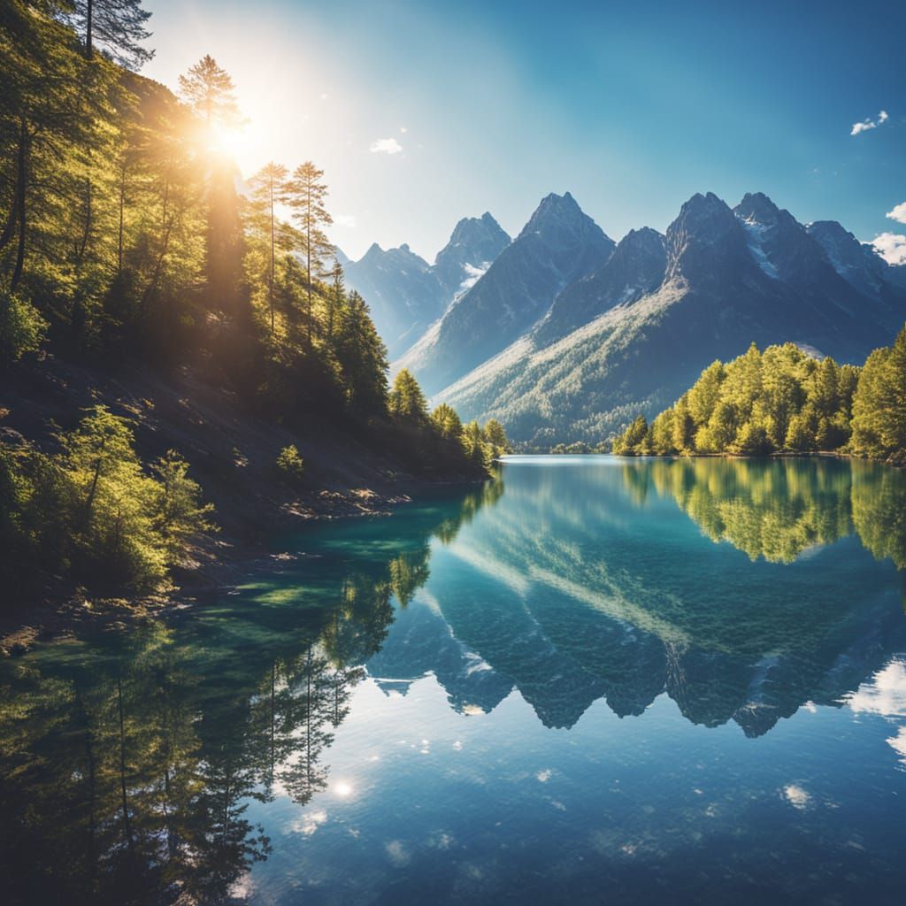 Vibrant Blue Lake Reflecting Mountains in Photorealistic Sty...