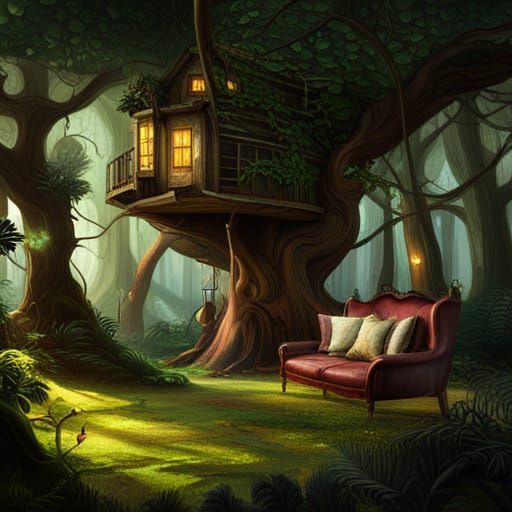 Enchanted Forest Treehouse with Sleeping Painter