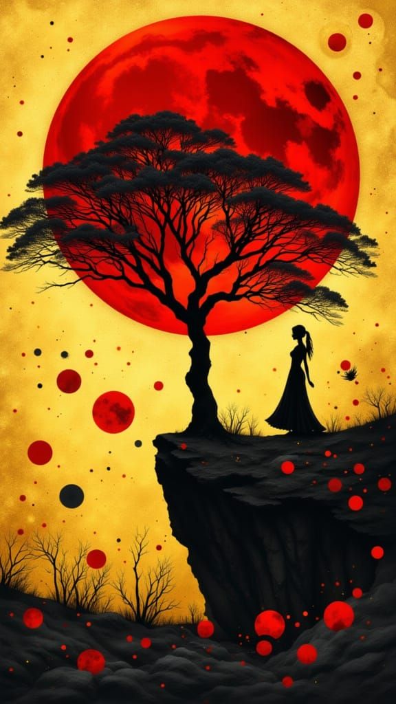 Surreal Landscape with Red Celestial Body and Silhouetted Tr...