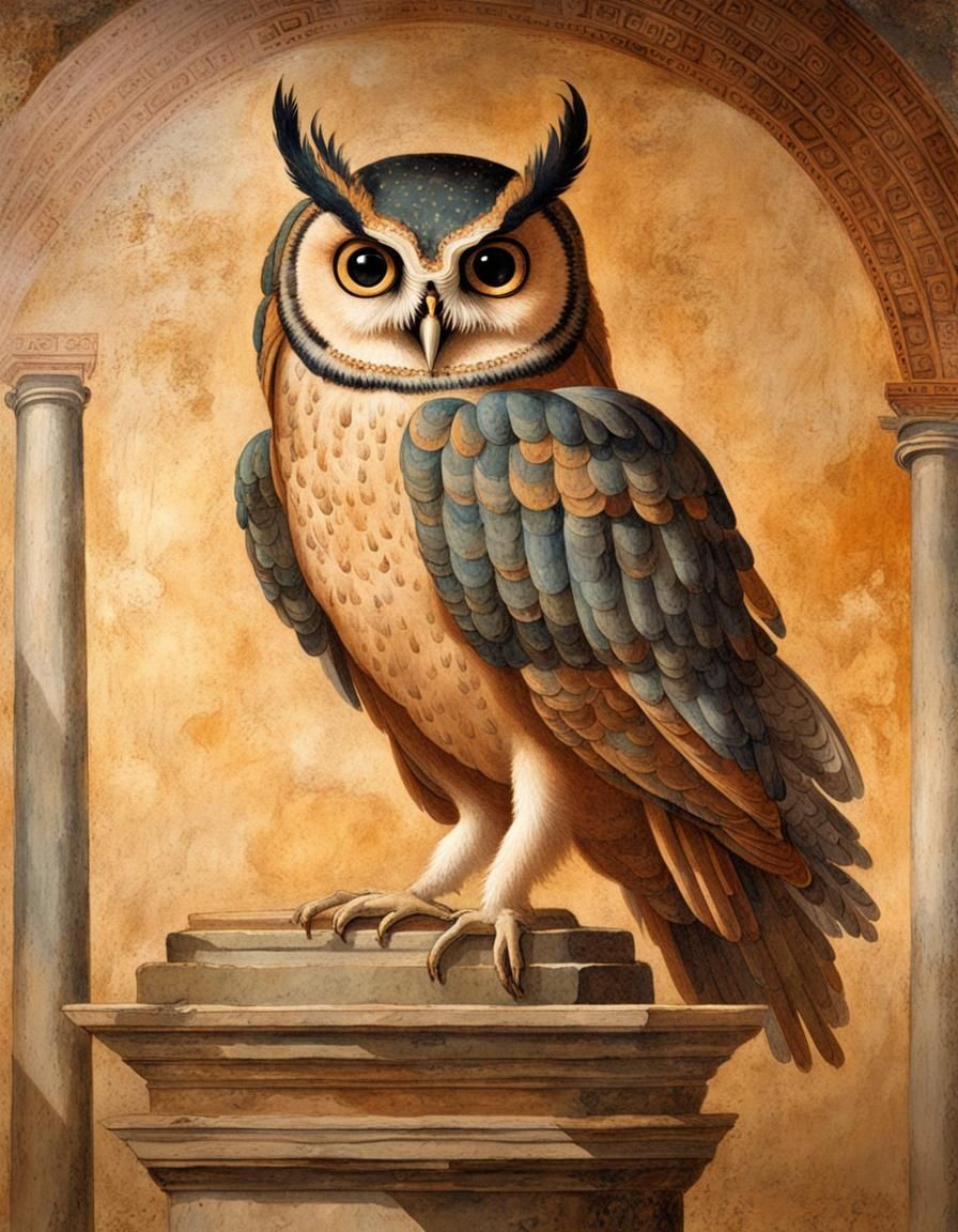 Roman fresco painting of Athena's owl...
