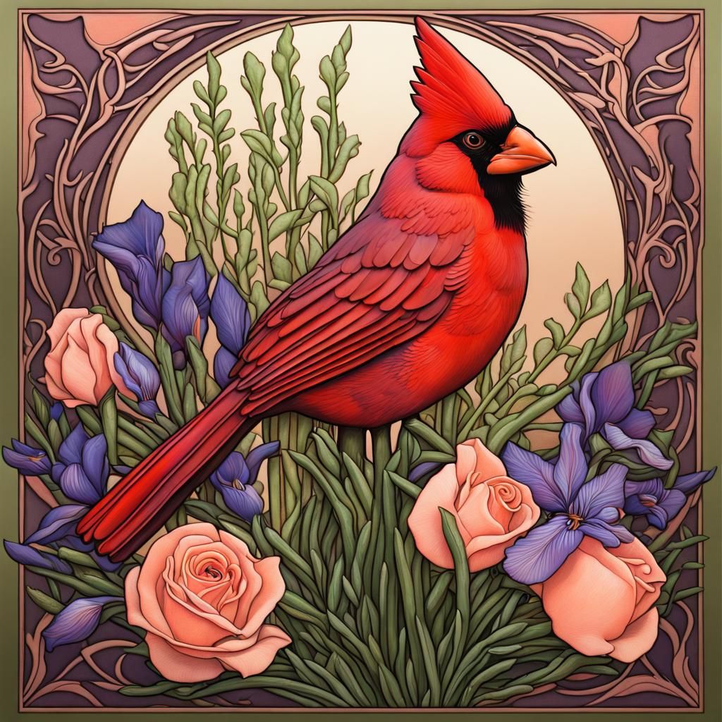 Art Nouveau Cardinal with Roses and Irises
