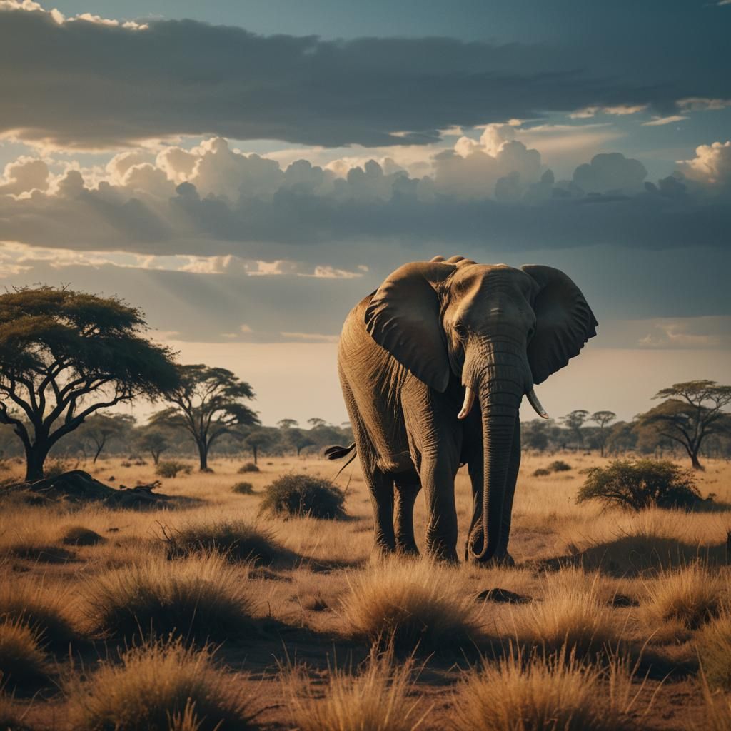 Elephant in Savanna: Cinematic Film Still