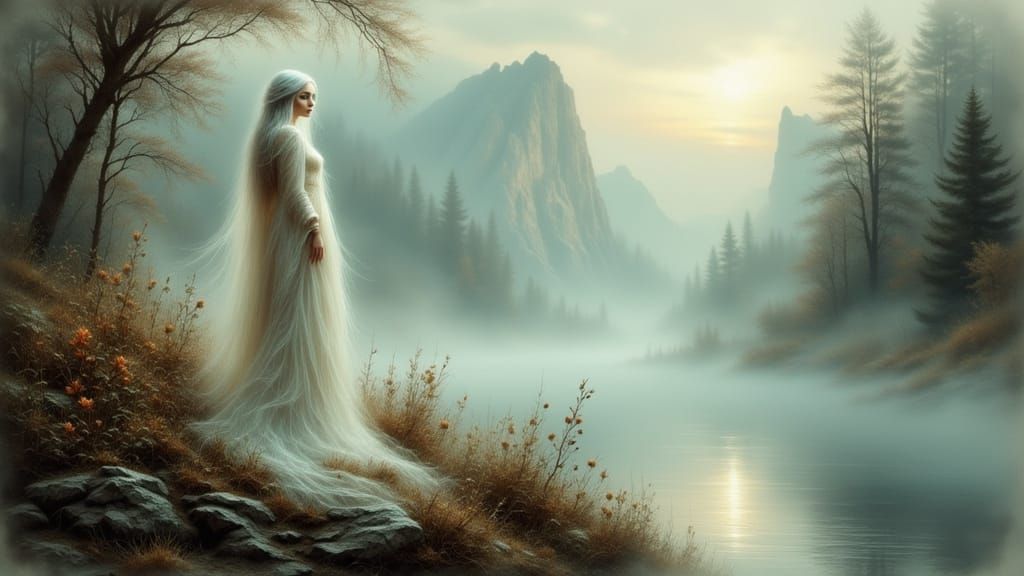 Mystical Woman Wakes in Misty Mountain Landscape