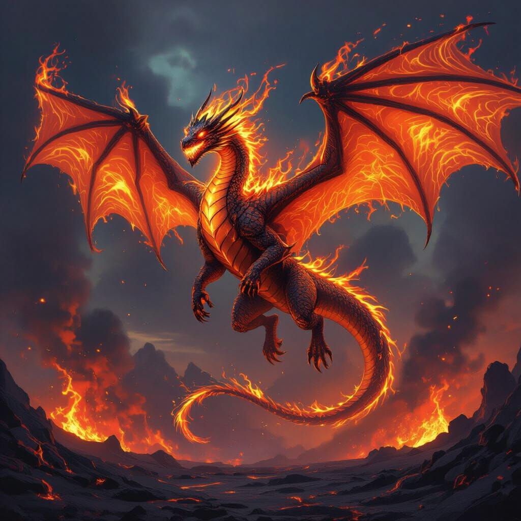 Colossal Fire Dragon Soars Through Volcanic Skies