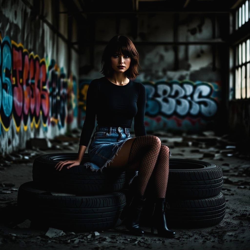 Woman in Fishnets on Tires in Abandoned Factory