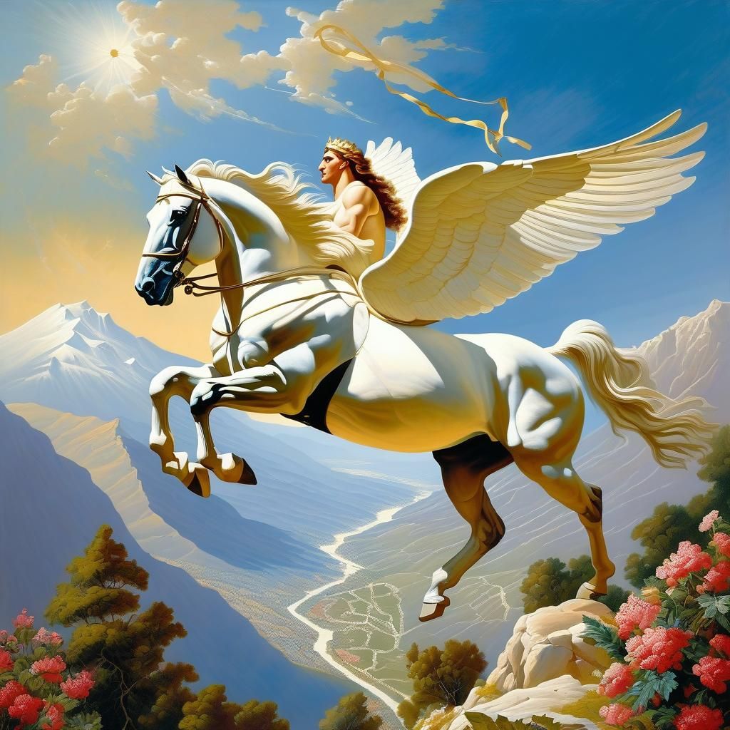 Pegasus Flying to Mount Olympus: A Detailed Painting