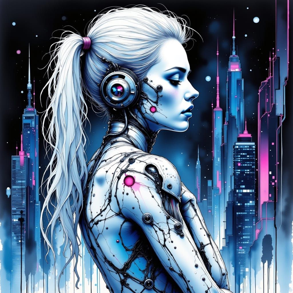 Cyberpunk Woman with Sapphire Lips in Neon City