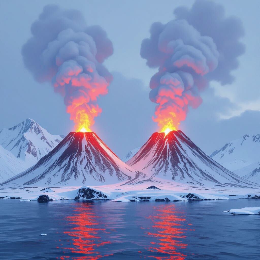Red Volcanoes Erupting on Snowy Island