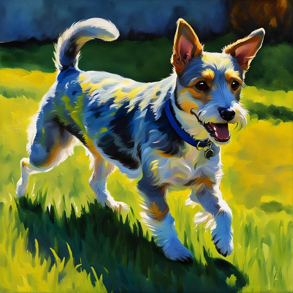 Fox Terrier in Impressionist Style Running on Lawn