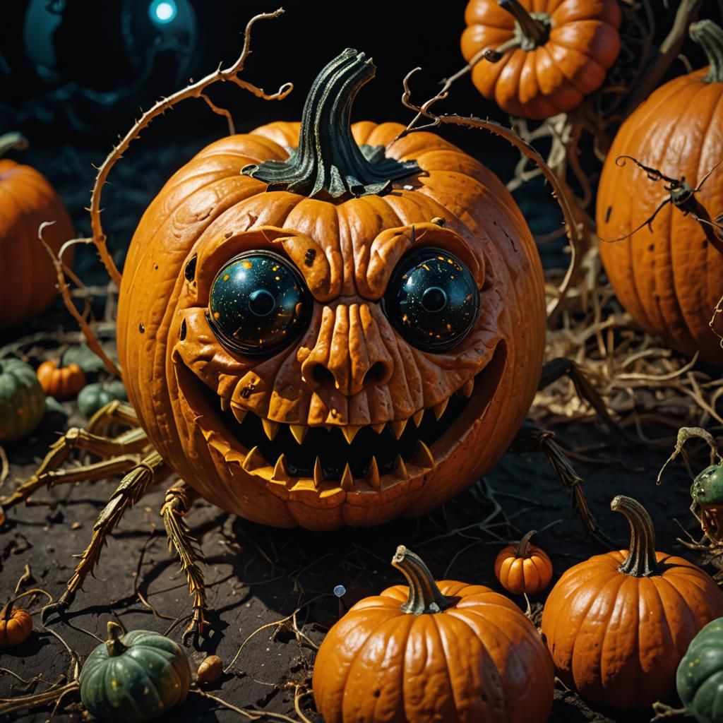 Surreal Pumpkin with Face Gazing at Beetle