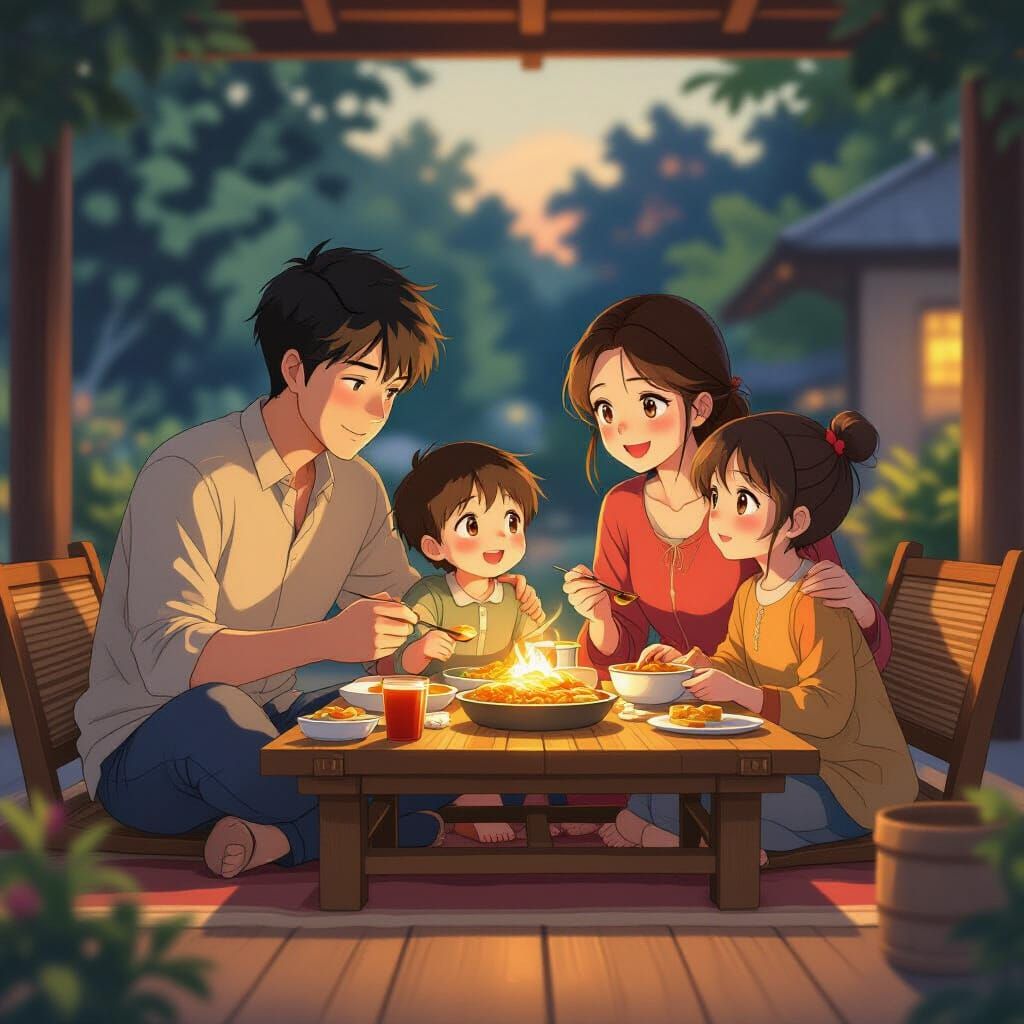 Family Meal on Charpai in Warm Evening Light