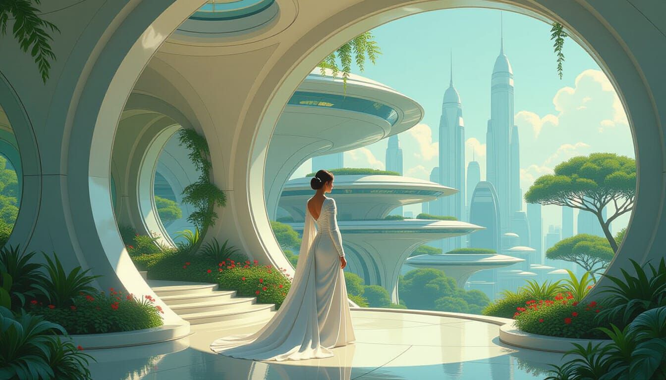 Utopian Future with Serene Woman and Lush Greenery