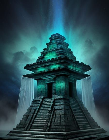 Ethereal Mayan Pyramid with Spirit Woman and Cascading Tears