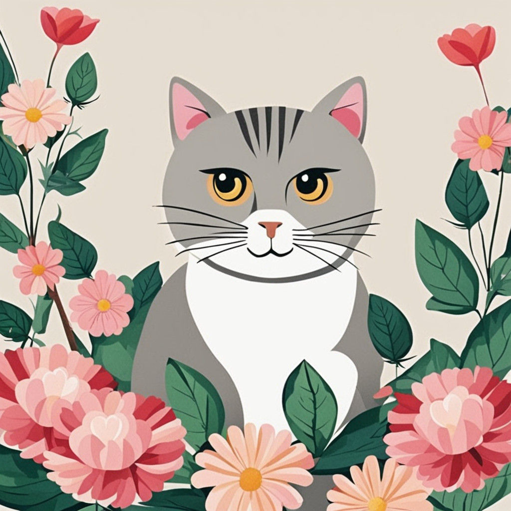 Rex Ray Inspired Whimsical Cat in a Floral Oasis
