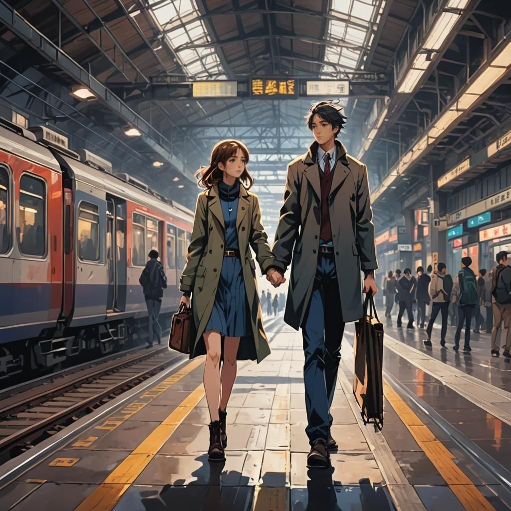 Anime Style: Lovers Meet at Train Station