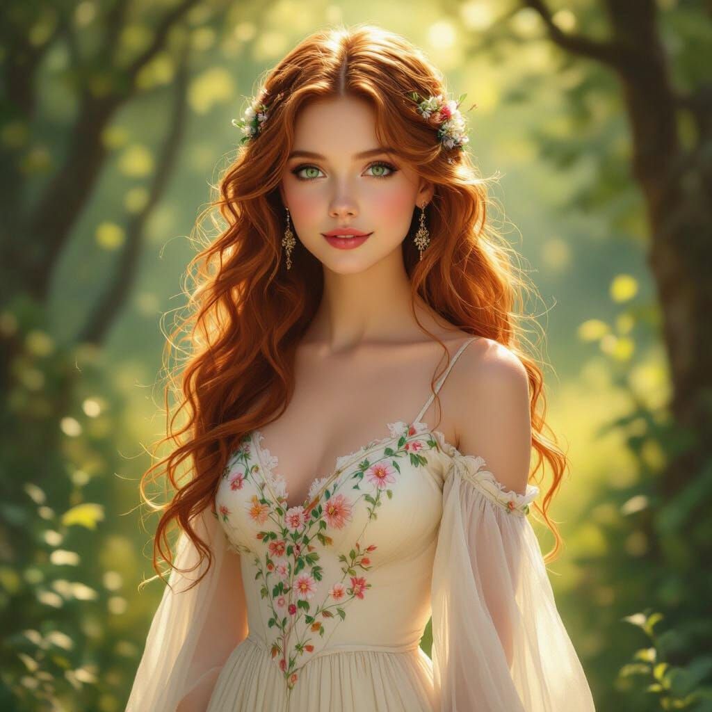 Ethereal Woman in Sunlit Forest Clearing