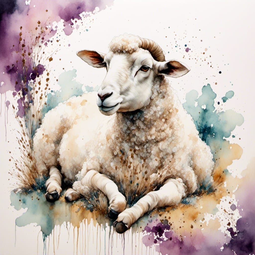 Watercolor Sheep Lying on Page in Dreamy Pastel