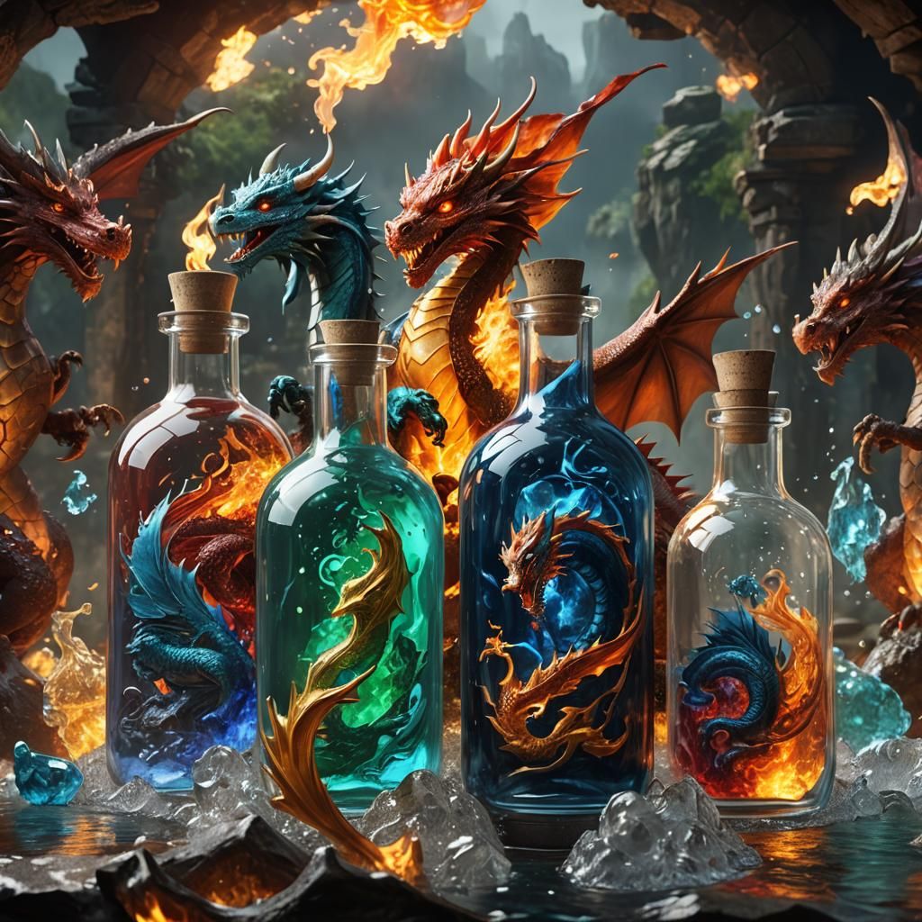 Elemental Dragons in Bottles: Fantasy Concept Art