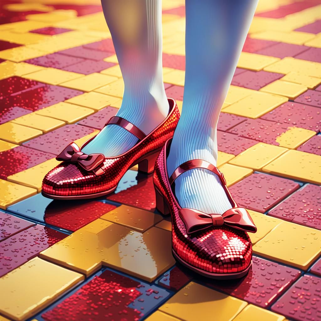 Sparkling Ruby Slippers on Yellow Brick Road in Pixel Art