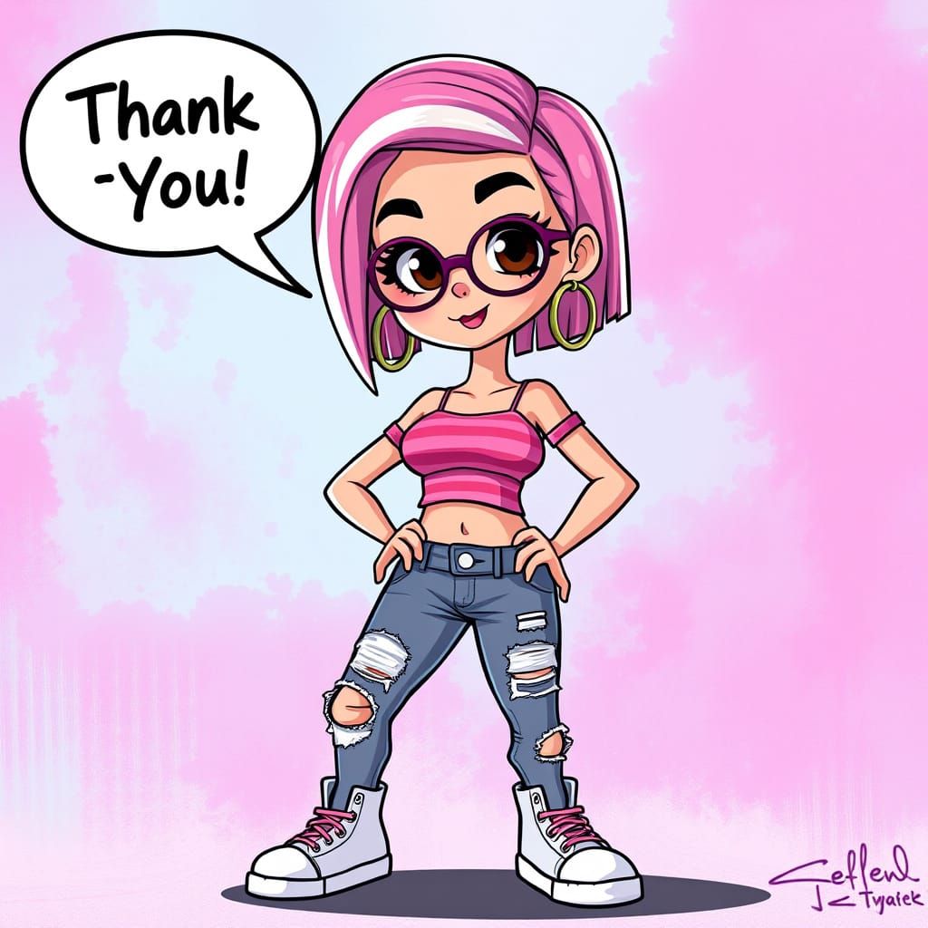 Stylized Cartoon Woman with Pink Hair and Hoop Earrings