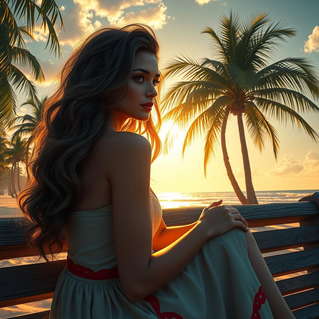 Woman on Beach at Sunrise: Detailed Matte Painting