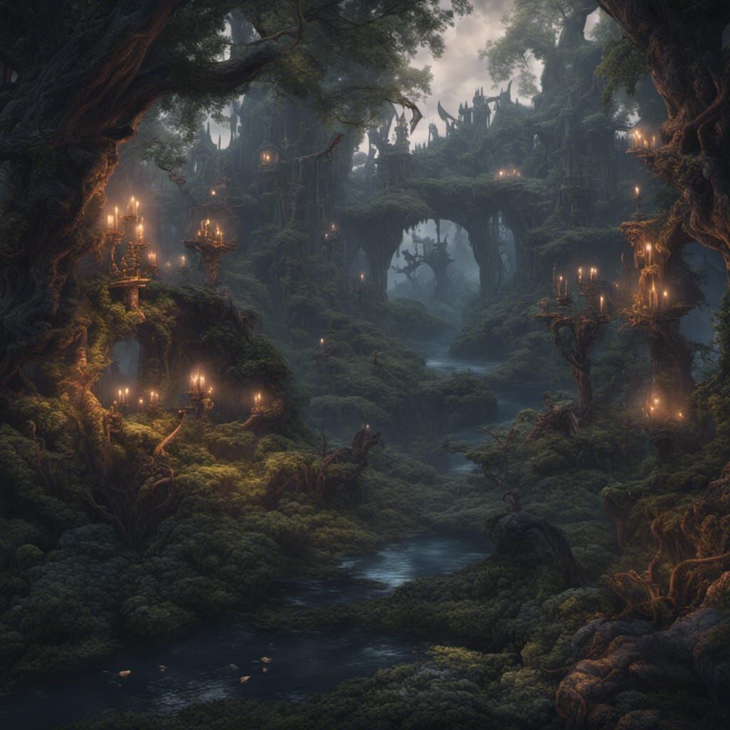 Hipogriff in Dark Enchanted Forest: Fantasy Concept Art