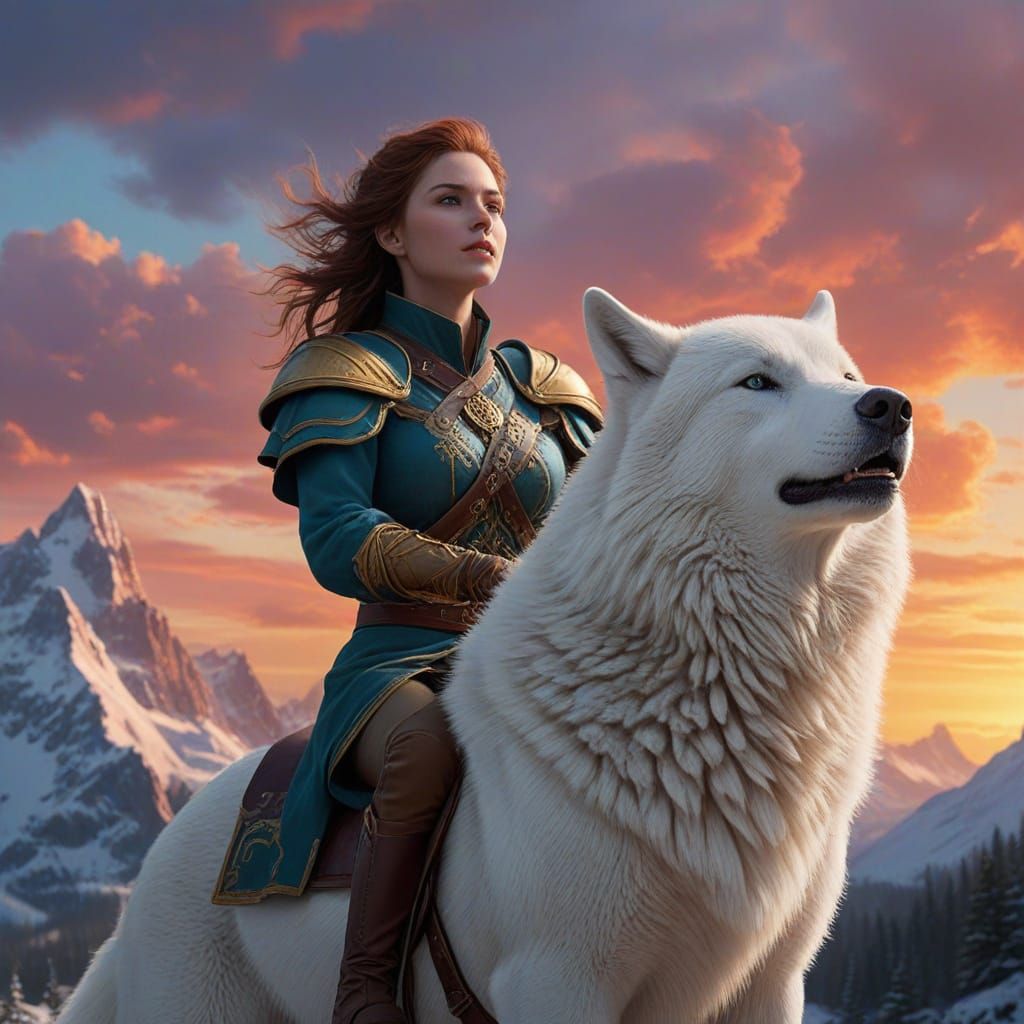 Ethereal Winter Scene: Paladin and Regal White Wolf in Majes...