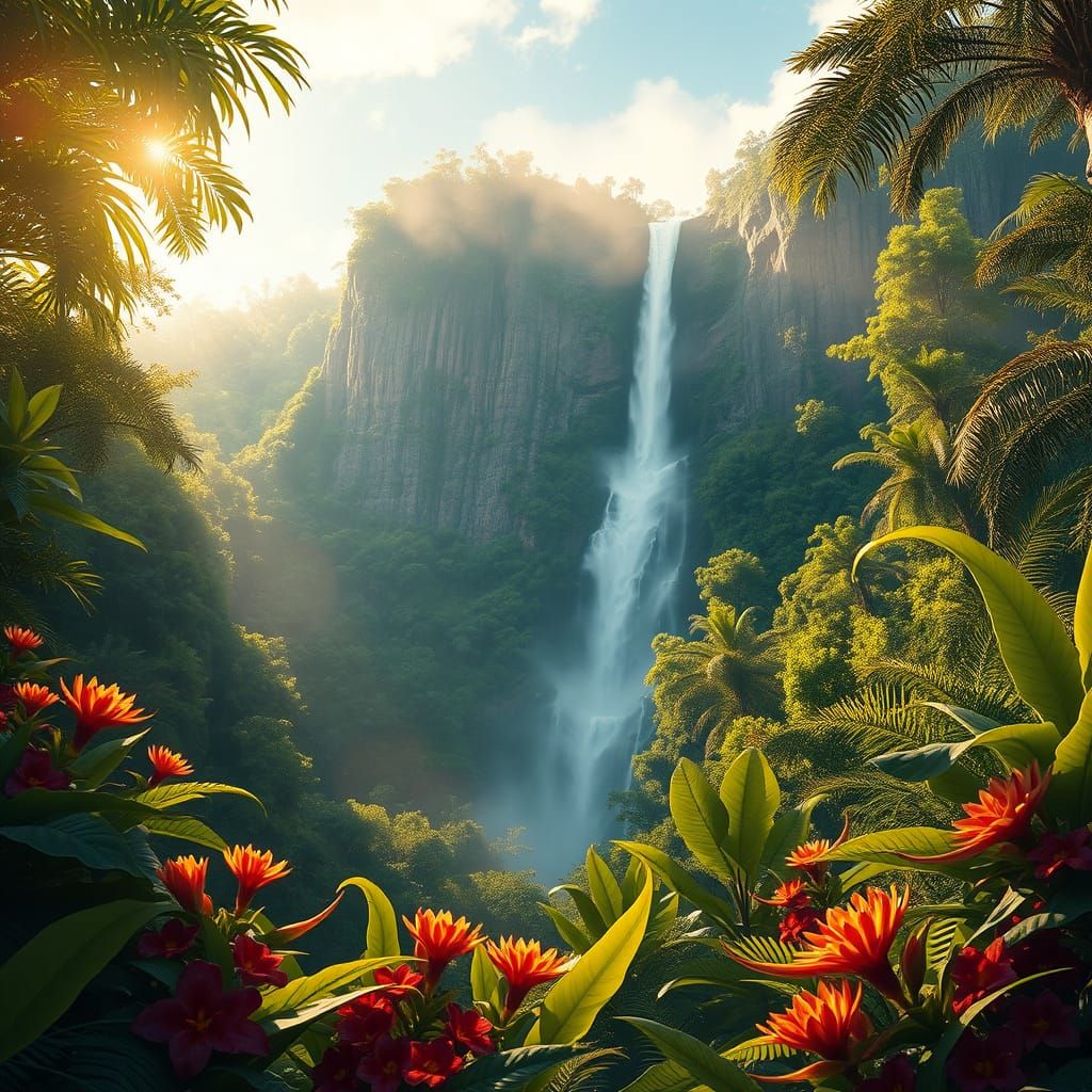 Surreal Tropical Oasis with Majestic Waterfall in Golden Lig...