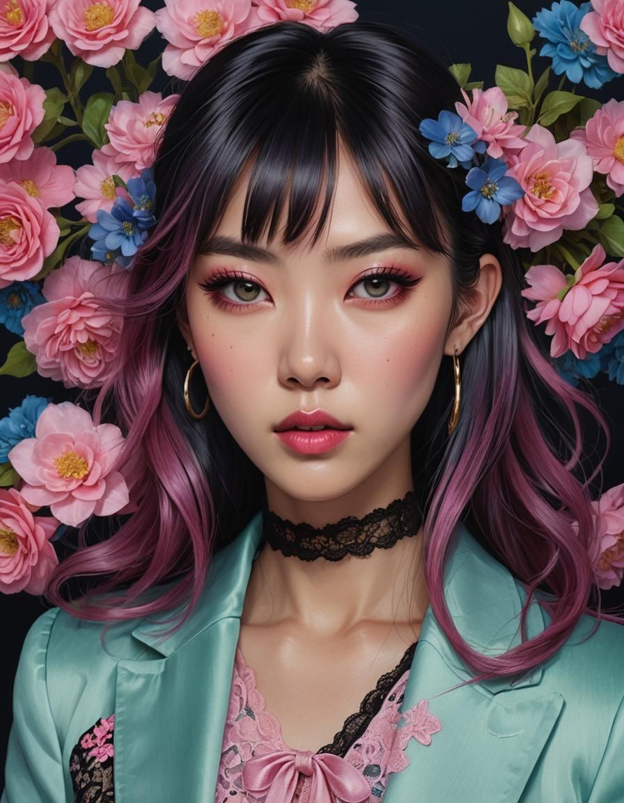 Hyperrealistic Portrait of Asian Woman with Flowers