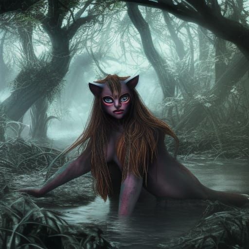 Humanoid Female Werecat in Detailed Matte Painting