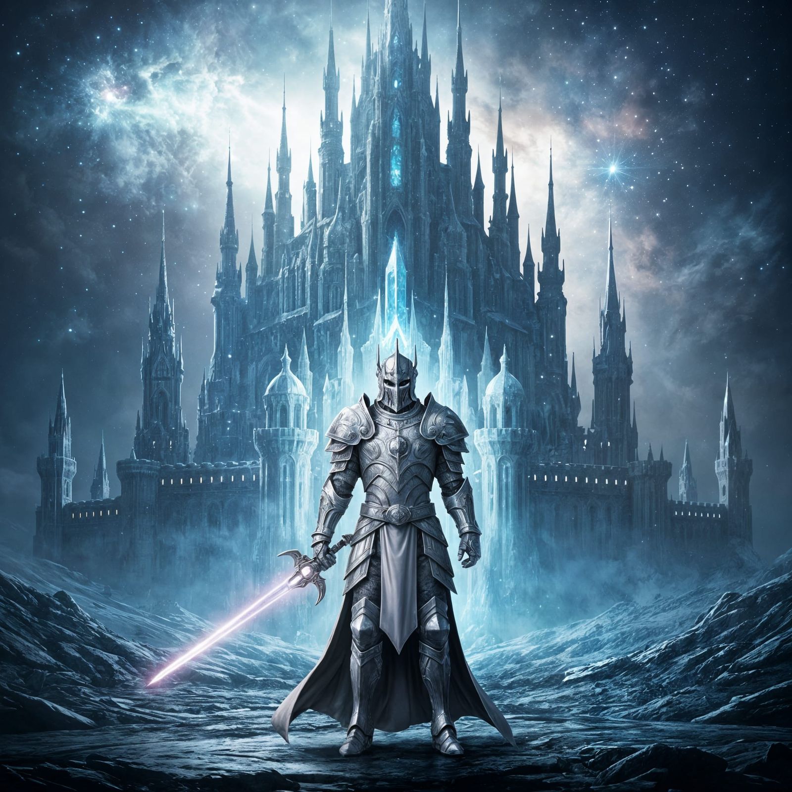 Futuristic Knight Before Ice Crystal Castle