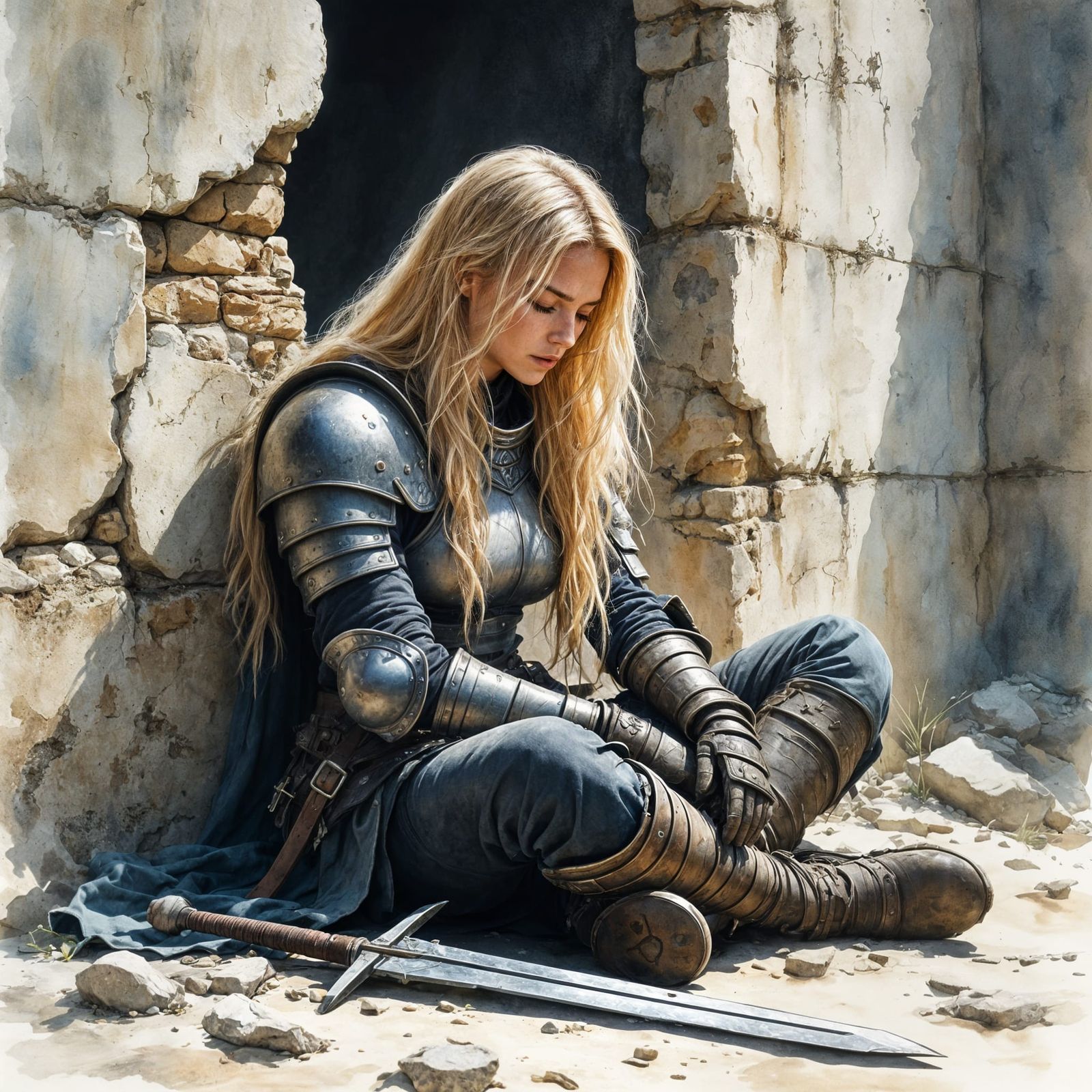 Sorrowful Female Warrior Meditating by Ruined Wall