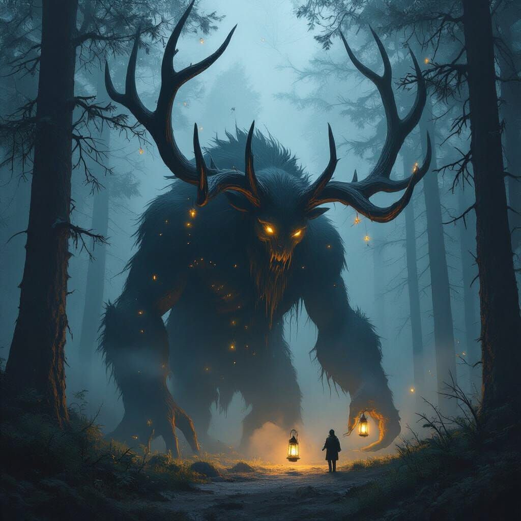 Antlered Giant Lights Lanterns in Misty Forest
