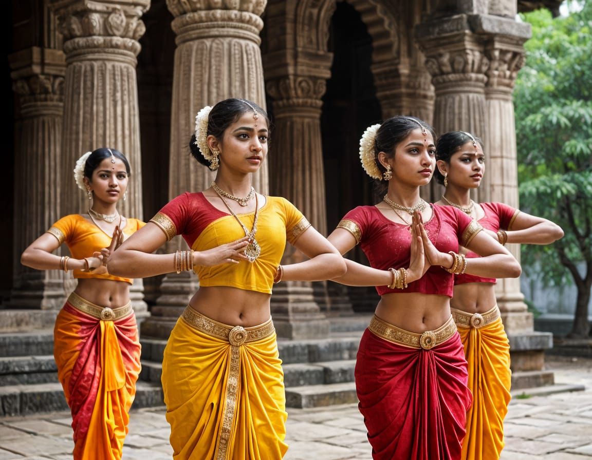 Bharatanatyam Dancers in Traditional Indian Temple Setting