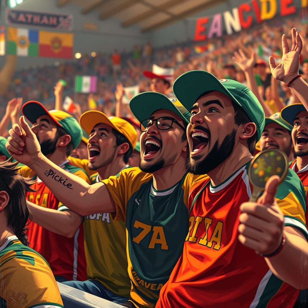 Enthusiastic Pickle Fans Cheering, Hyperrealistic Splash Art