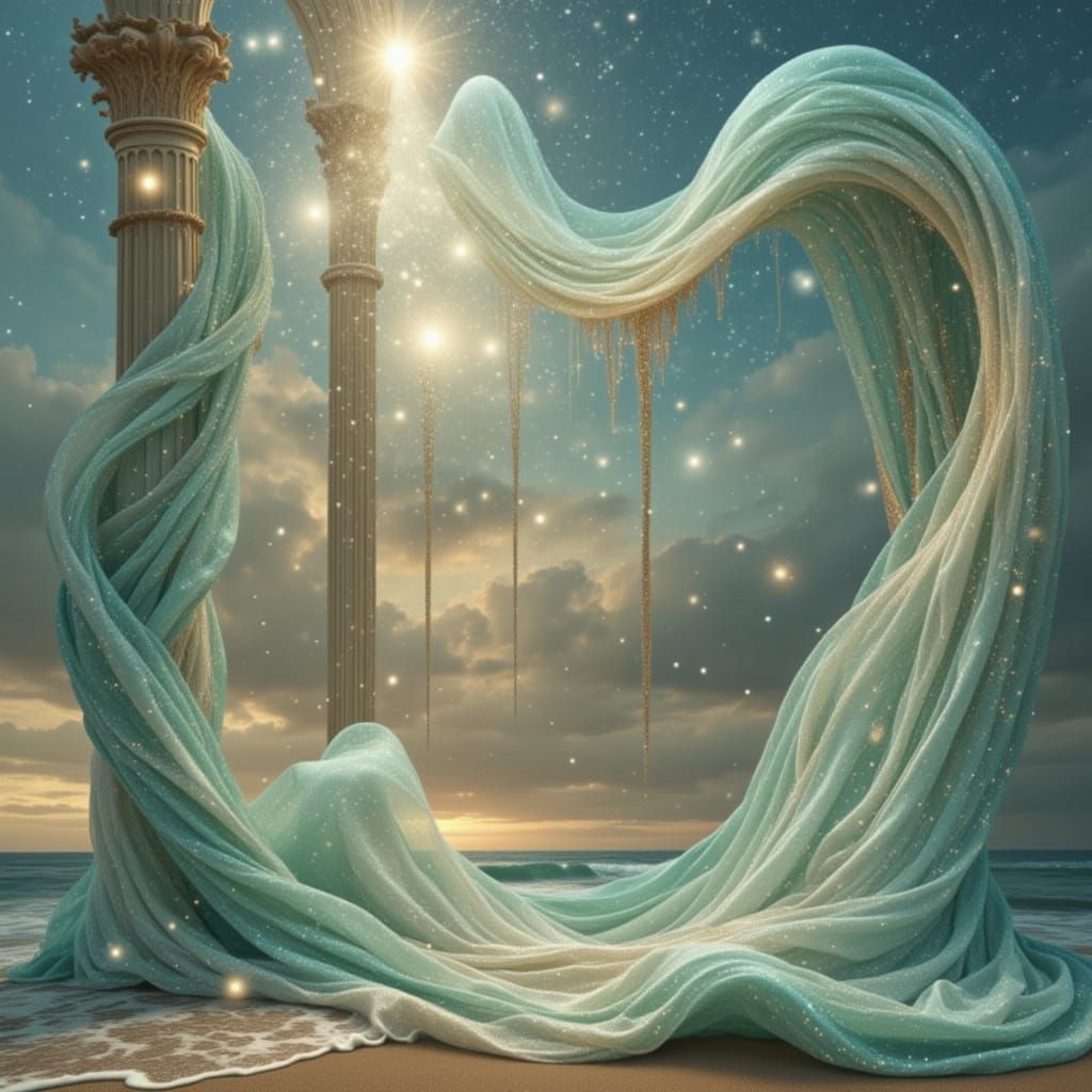Mystical Beach: Waves and Stars in Flowing Fabric