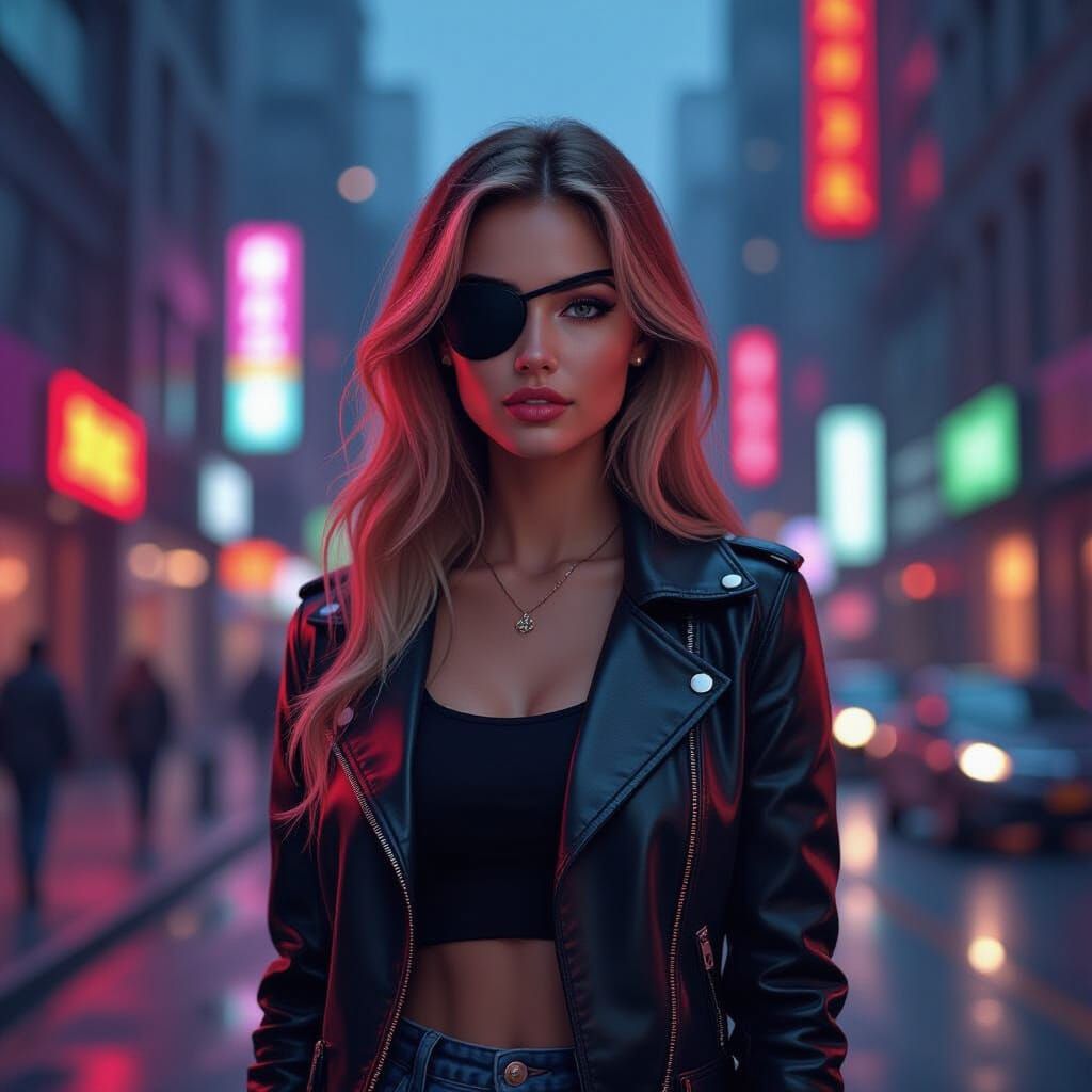 Woman with Eyepatch in Neon Cityscape