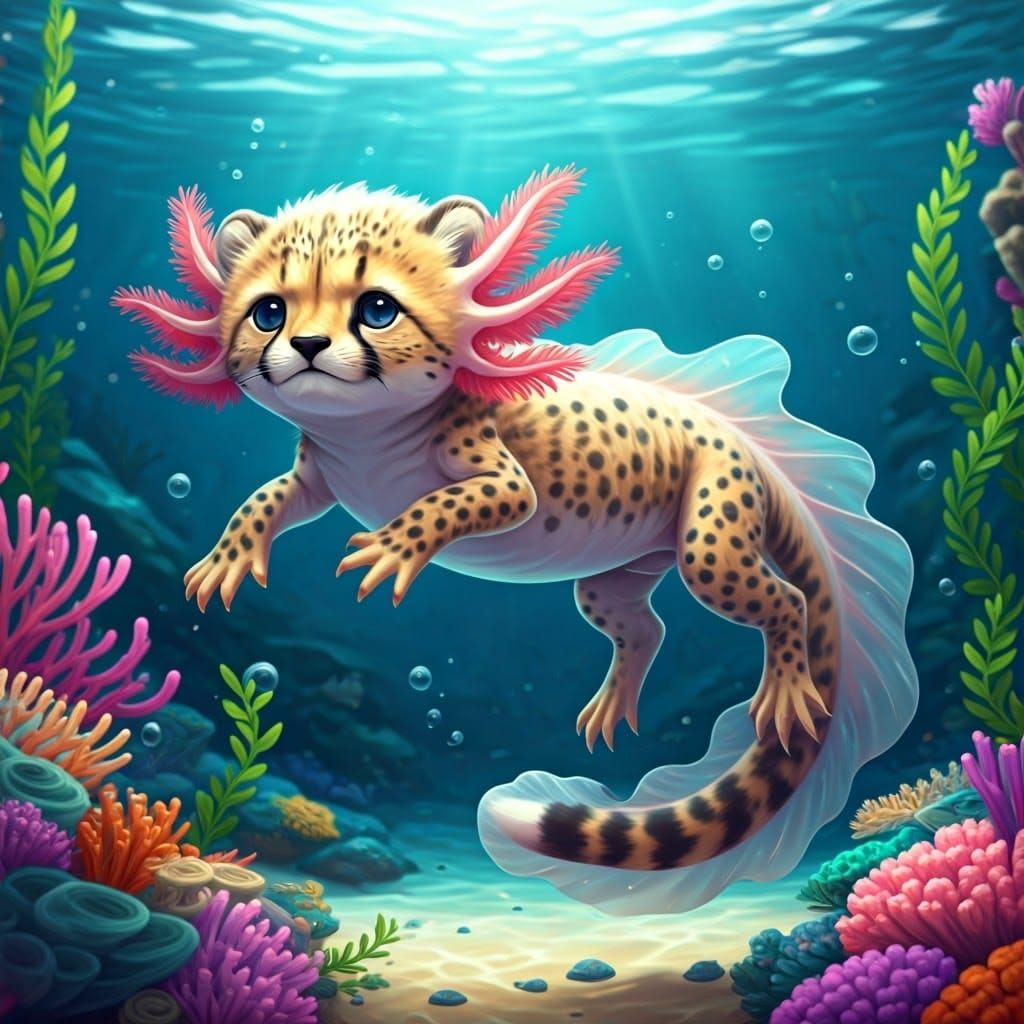 Anime Cheetah Axolotl Hybrid Swimming Underwater