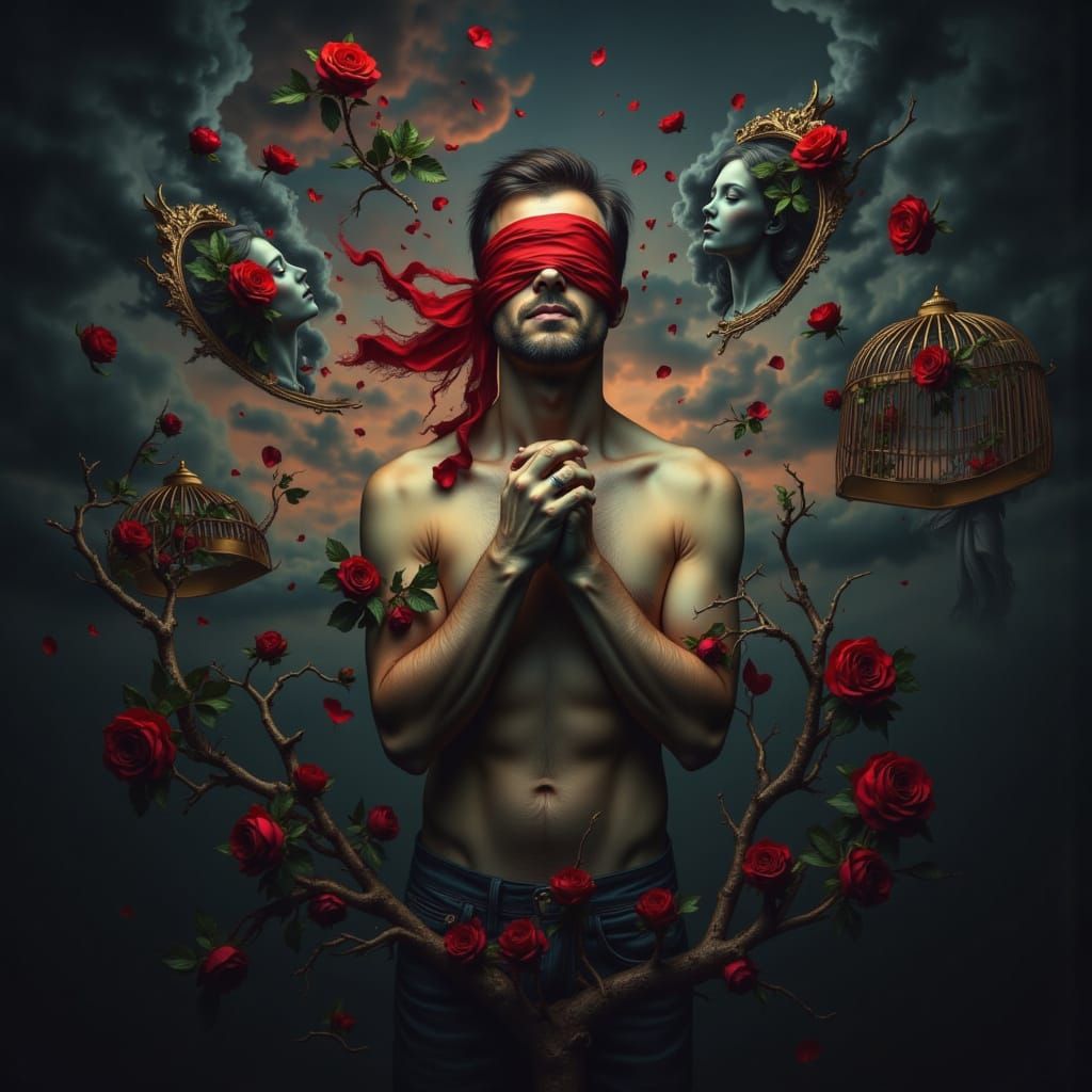 Blind Devotion: Man Reaching for Mirage Amidst Symbolism